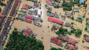 aerial shot of flooded community