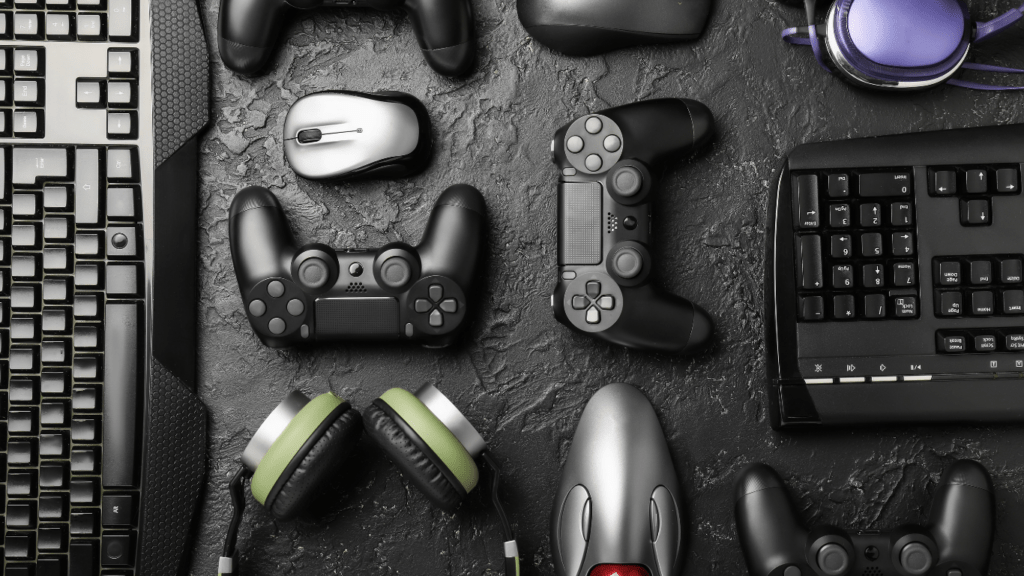 flat lay photo of gaming accessories