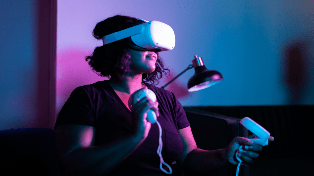 woman actively playing using vr equipment