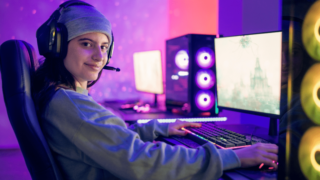 female playing online game