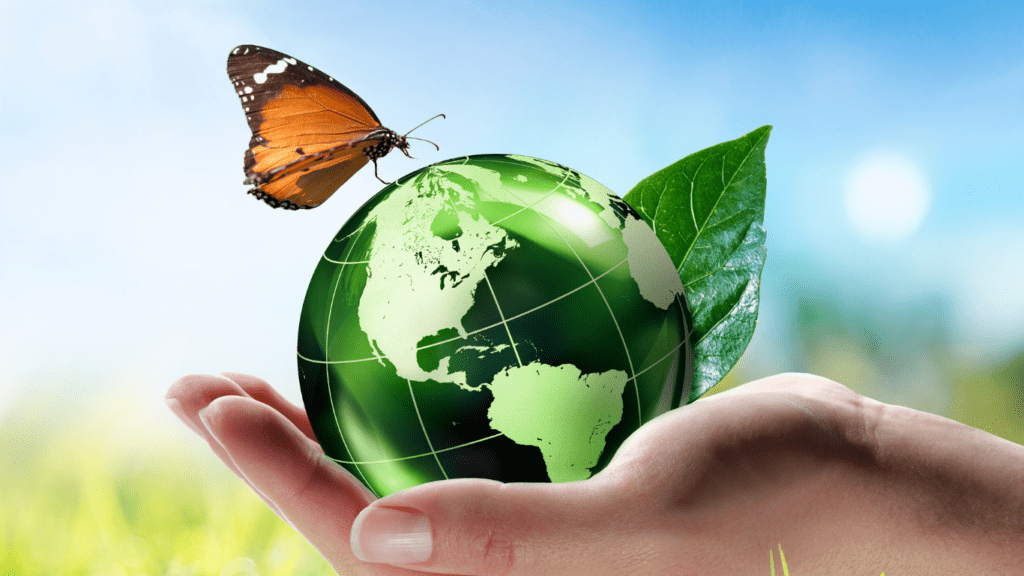 globe in eco friendly touch with butterfly