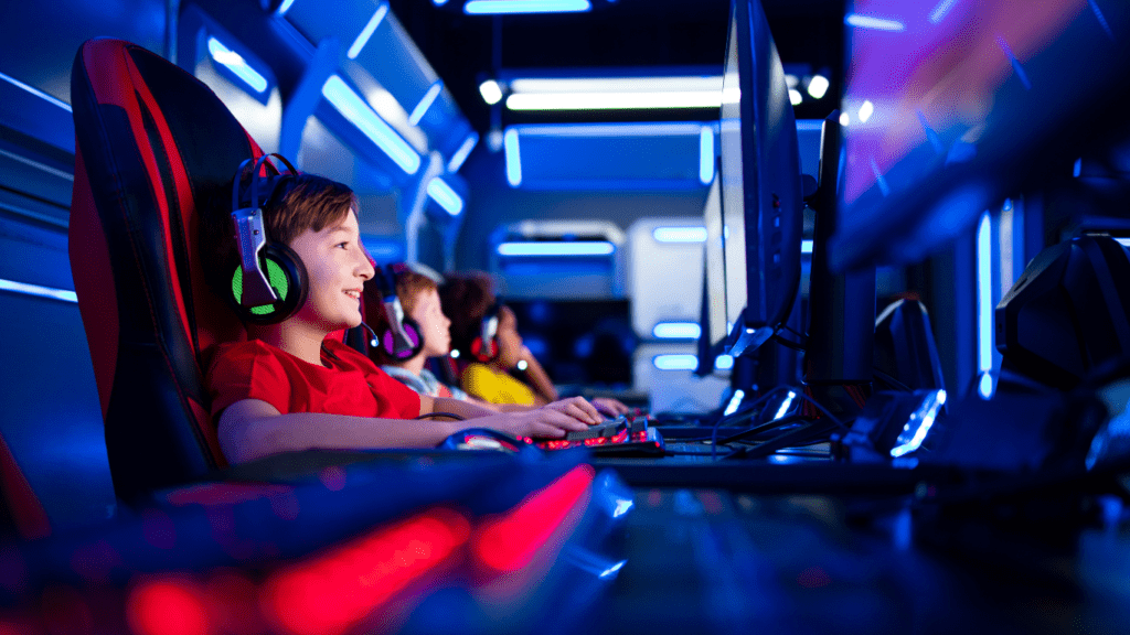 group of kids playing online games pc