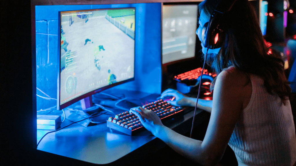 woman busy playing online rpg game